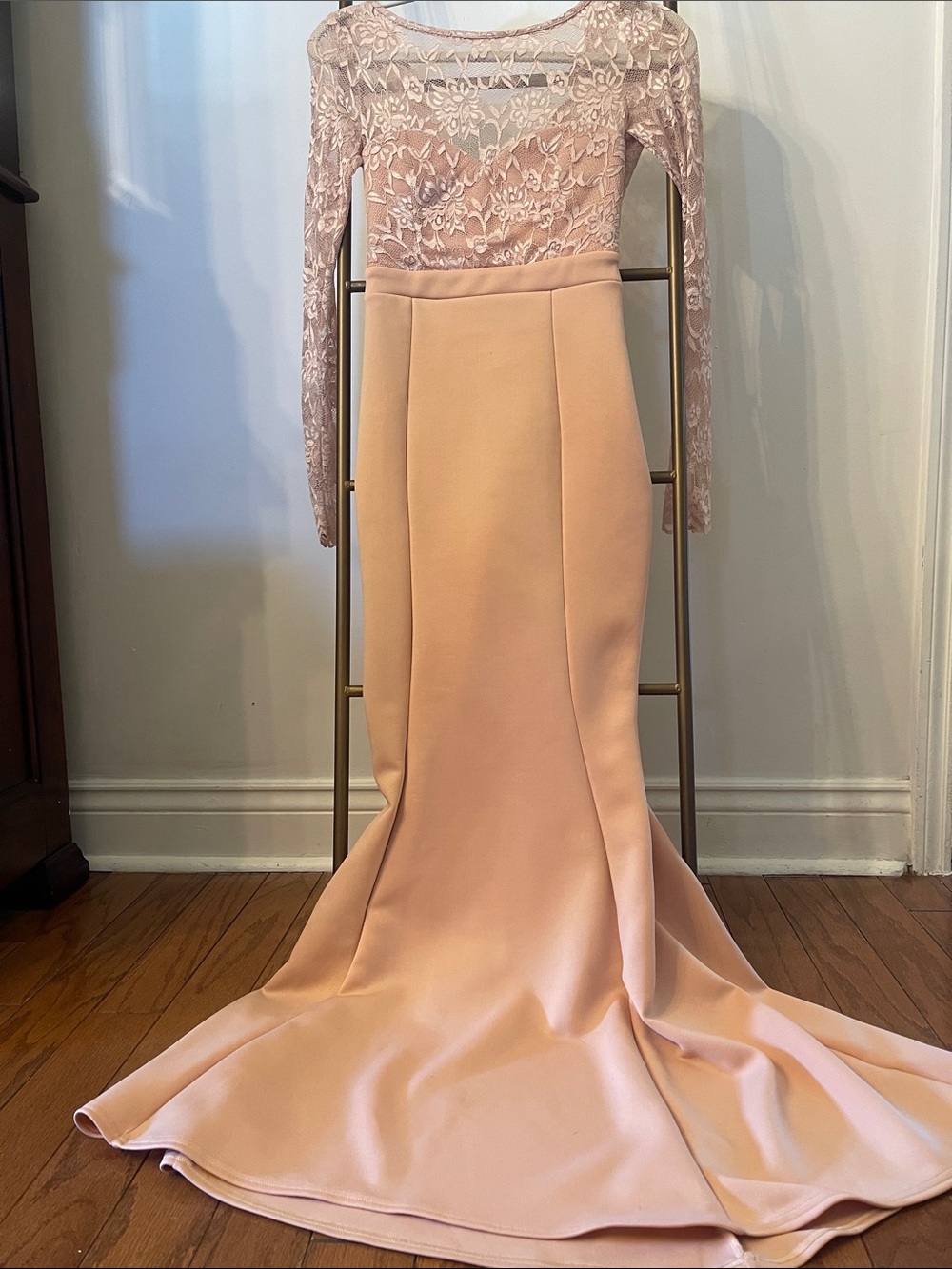 Blush Pink Lace-Sleeve Maxi Gown